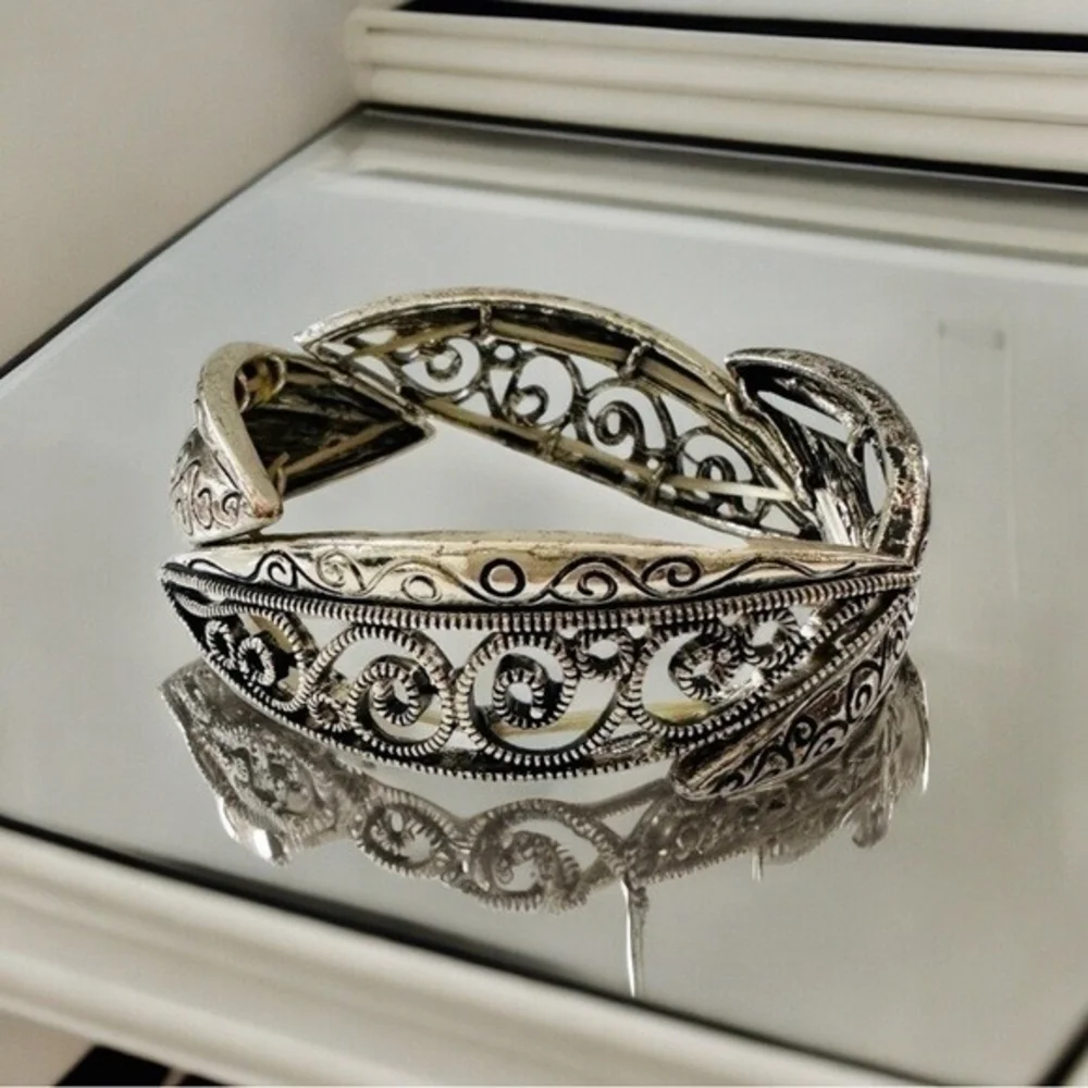 Oxidized Silver Elastic Bangle Bracelet Women's Artisan Costume Jewelry Gift